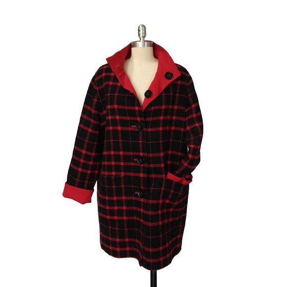Jones New York Reversible Jacket Coat Size M Red Plaid Retro Style Wool Blend - Picture 4 of 8